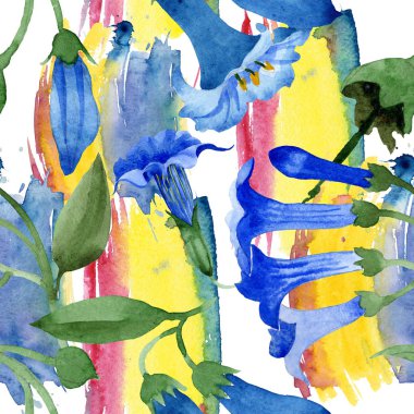 Mavi brugmansia çiçek botanik çiçekleri. Suluboya arka plan illüstrasyon seti. Kesintisiz arka plan deseni.