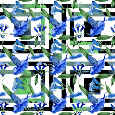 Mavi brugmansia çiçek botanik çiçekleri. Suluboya arka plan illüstrasyon seti. Kesintisiz arka plan deseni.