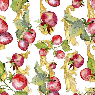 Çileksağlıklı yemek. Suluboya arka plan illüstrasyon seti. Kesintisiz arka plan deseni.