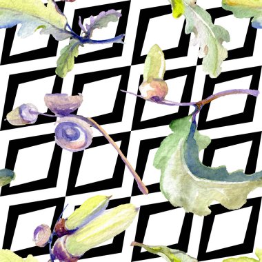 Orman meşe palamudu yeşil yaprak ve fındık. Suluboya arka plan illüstrasyon seti. Kesintisiz arka plan deseni.