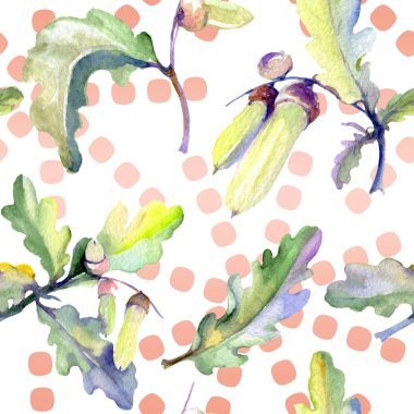 Orman meşe palamudu yeşil yaprak ve fındık. Suluboya arka plan illüstrasyon seti. Kesintisiz arka plan deseni.