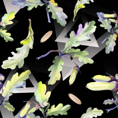 Orman meşe palamudu yeşil yaprak ve fındık. Suluboya arka plan illüstrasyon seti. Kesintisiz arka plan deseni.