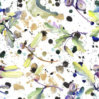 Orman meşe palamudu yeşil yaprak ve fındık. Suluboya arka plan illüstrasyon seti. Kesintisiz arka plan deseni.