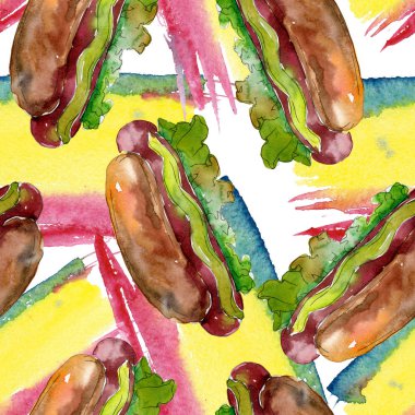 Sosisli fast food izole. Suluboya arka plan illüstrasyon seti. Kesintisiz arka plan deseni.