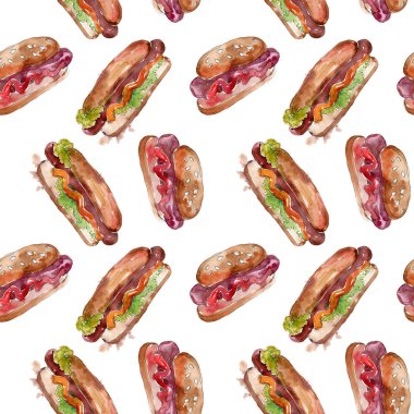 Sosisli fast food izole. Suluboya arka plan illüstrasyon seti. Kesintisiz arka plan deseni.