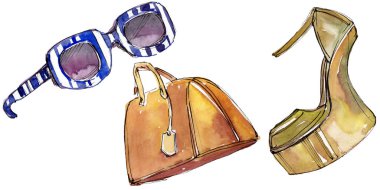 Moda kroki glamour çizimde bir suluboya stil izole öğesi. Suluboya arka plan ayarlamak.