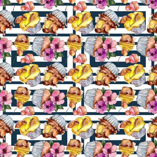 Tasty cake and bun in a watercolor style. Watercolour illustration set. Seamless background pattern. — Stock Photo, Image