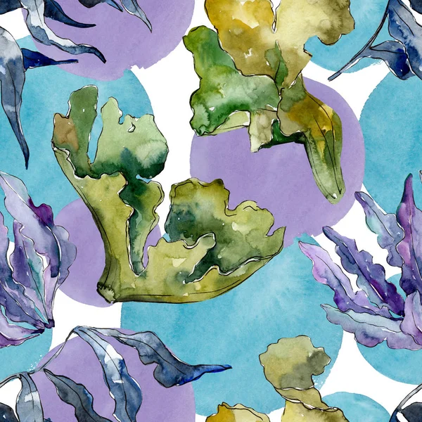 Barriera corallina naturale acquatica verde e viola. Set illustrazione acquerello. Modello di sfondo senza soluzione di continuità . — Foto Stock
