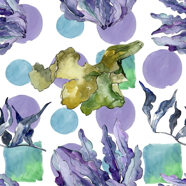 Verde e violeta aquático subaquático natureza recife de coral. Conjunto de ilustrações aquarela. Padrão de fundo sem costura . — Fotografia de Stock