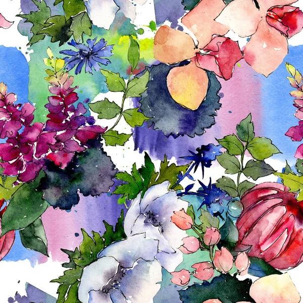 Bouquet floral de fleurs botaniques. Ensemble d'illustration de fond aquarelle. Modèle de fond sans couture . — Photo