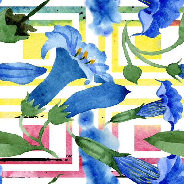 Fiori botanici floreali blu brugmansia. Acquerello sfondo illustrazione set. Modello di sfondo senza soluzione di continuità . — Foto Stock