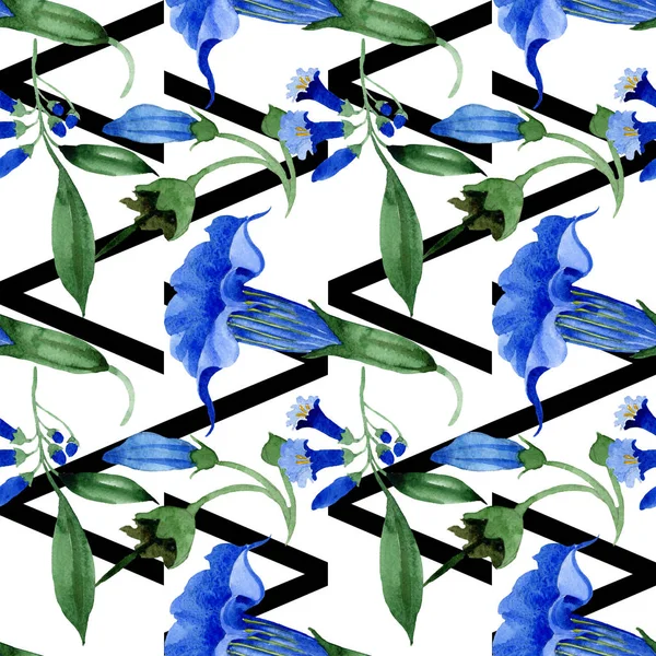 Mavi brugmansia çiçek botanik çiçekleri. Suluboya arka plan illüstrasyon seti. Kesintisiz arka plan deseni.