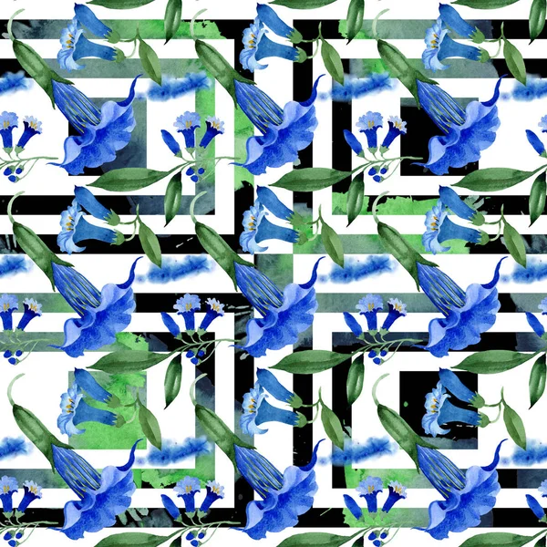 Mavi brugmansia çiçek botanik çiçekleri. Suluboya arka plan illüstrasyon seti. Kesintisiz arka plan deseni.