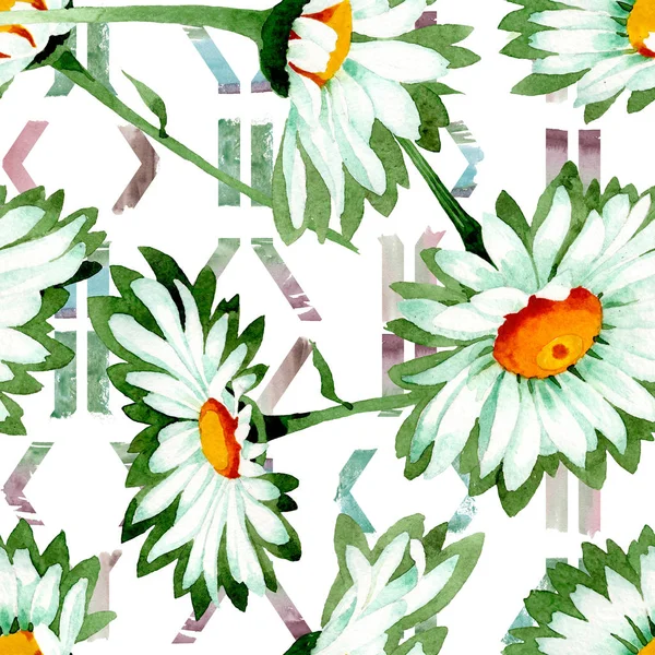 白色菊花植物花。水彩背景插图集。无缝背景模式. — 图库照片