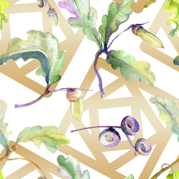 Лісовий жолудь зелений лист і горіх. Набір ілюстрацій для акварельного фону. Безшовний візерунок тла . — стокове фото