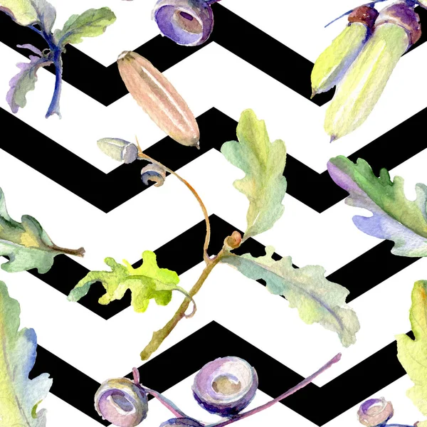 Forest Ekollon grönt blad och mutter. Akvarell bakgrund illustration uppsättning. Sömlöst bakgrundsmönster. — Stockfoto