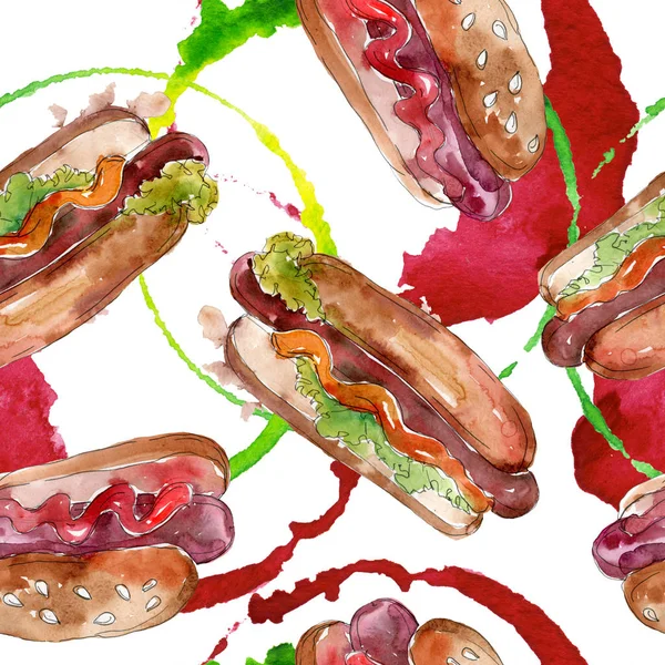 Hotdog Fast Food geïsoleerd. Aquarel achtergrond illustratie instellen. Naadloos achtergrond patroon. — Stockfoto