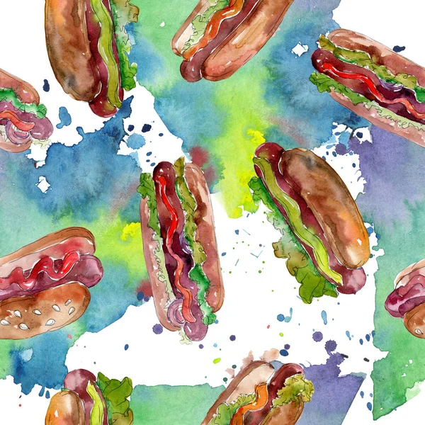 Rychlá strava s Hot dogsem izolovaná. Vodný obrázek pozadí-barevný. Bezespání vzorek pozadí. — Stock fotografie