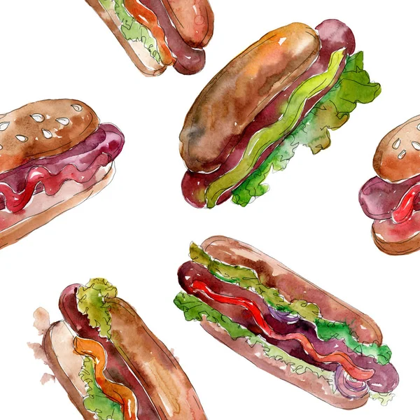 Hotdog Fast Food geïsoleerd. Aquarel achtergrond illustratie instellen. Naadloos achtergrond patroon. — Stockfoto