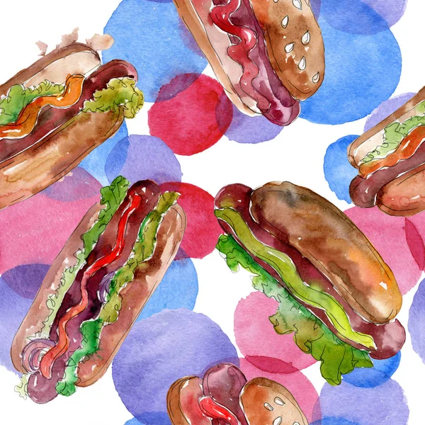 Hotdog Fast Food geïsoleerd. Aquarel achtergrond illustratie instellen. Naadloos achtergrond patroon. — Stockfoto