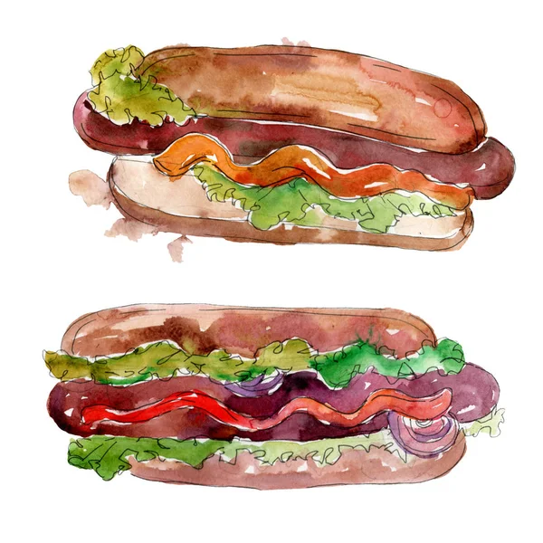 Hot Dog im Aquarell-Stil isoliert. Aquarell Fast Food Illustrationselement auf weißem Hintergrund. — Stockfoto