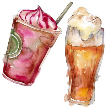 Alkollü bar parti kokteyl içeceği. Suluboya arka plan illüstrasyon seti. İzole içecekler illüstrasyon elemanı.