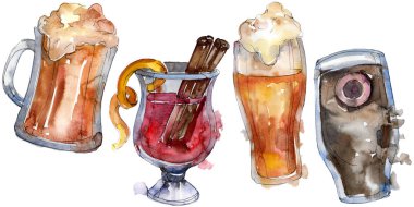 Alkollü bar parti kokteyl içeceği. Suluboya arka plan illüstrasyon seti. İzole içecekler illüstrasyon elemanı.