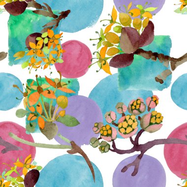 Cornus mas çiçek botanik çiçekler. Suluboya arka plan illüstrasyon seti. Kesintisiz arka plan deseni.