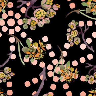 Cornus mas çiçek botanik çiçekler. Suluboya arka plan illüstrasyon seti. Kesintisiz arka plan deseni.