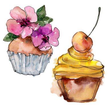 Suluboya tarzında lezzetli cupcake. Arka plan çizim seti. Suluboya çizim moda aquarelle izole.
