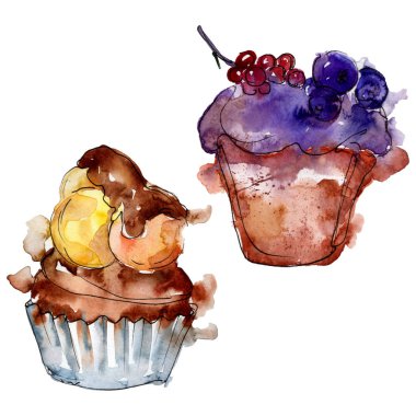Suluboya tarzında lezzetli cupcake. Arka plan çizim seti. Suluboya çizim moda aquarelle izole.