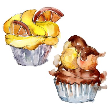 Suluboya tarzında lezzetli cupcake. Arka plan çizim seti. Suluboya çizim moda aquarelle izole.