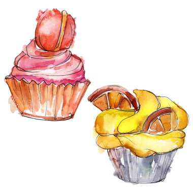 Suluboya tarzında lezzetli cupcake. Arka plan çizim seti. Suluboya çizim moda aquarelle izole.