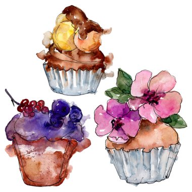 Suluboya tarzında lezzetli cupcake. Arka plan çizim seti. Suluboya çizim moda aquarelle izole.