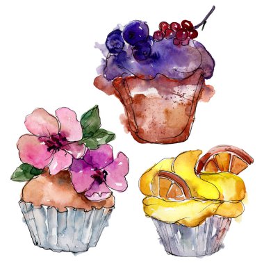 Suluboya tarzında lezzetli cupcake. Arka plan çizim seti. Suluboya çizim moda aquarelle izole.