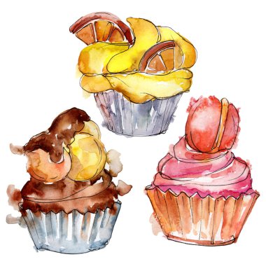 Suluboya tarzında lezzetli cupcake. Arka plan çizim seti. Suluboya çizim moda aquarelle izole.