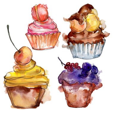 Suluboya tarzında lezzetli cupcake. Arka plan çizim seti. Suluboya çizim moda aquarelle izole.
