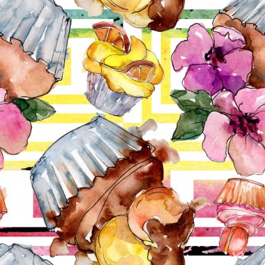 Lezzetli pasta ve çörek suluboya tarzında. Suluboya resim ayarlayın. Sorunsuz arka plan deseni.