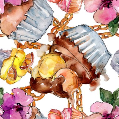 Lezzetli pasta ve çörek suluboya tarzında. Suluboya resim ayarlayın. Sorunsuz arka plan deseni.