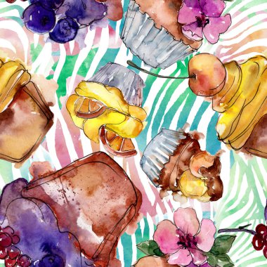 Lezzetli pasta ve çörek suluboya tarzında. Suluboya resim ayarlayın. Sorunsuz arka plan deseni.