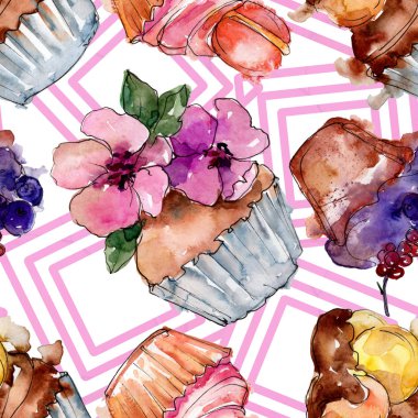 Lezzetli pasta ve çörek suluboya tarzında. Suluboya resim ayarlayın. Sorunsuz arka plan deseni.