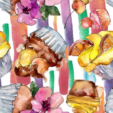 Lezzetli pasta ve çörek suluboya tarzında. Suluboya resim ayarlayın. Sorunsuz arka plan deseni.