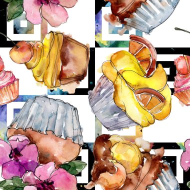 Lezzetli pasta ve çörek suluboya tarzında. Suluboya resim ayarlayın. Sorunsuz arka plan deseni.