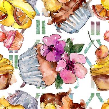 Lezzetli pasta ve çörek suluboya tarzında. Suluboya resim ayarlayın. Sorunsuz arka plan deseni.