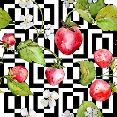 Çileksağlıklı yemek. Suluboya arka plan illüstrasyon seti. Kesintisiz arka plan deseni.