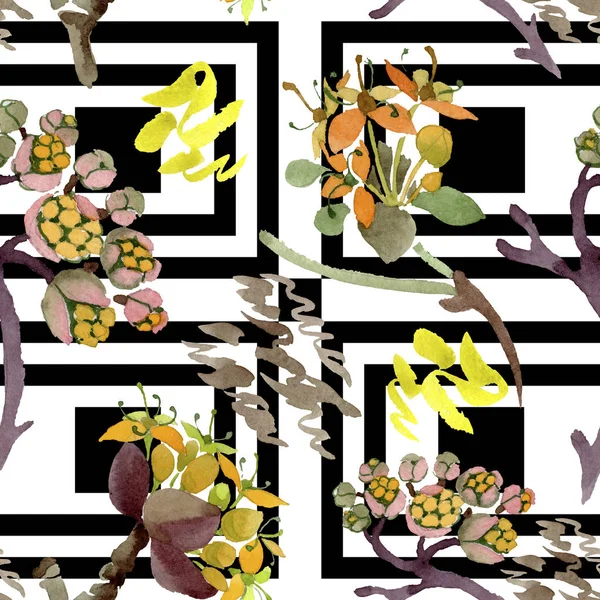 Cornus mas flores botánicas florales. Conjunto de ilustración de fondo acuarela. Patrón de fondo sin costuras . —  Fotos de Stock