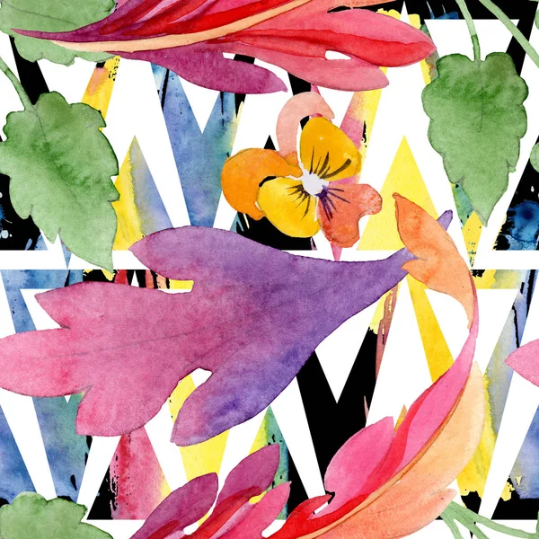 Prydnad med penséer blommiga botaniska blommor. Akvarell bakgrund illustration uppsättning. Sömlöst bakgrundsmönster. — Stockfoto