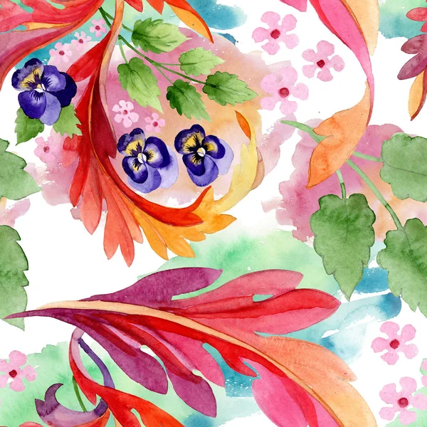 팬지 꽃 식물 꽃 장식. 수채화 배경 일러스트 세트입니다. 원활한 배경 패턴. — 스톡 사진