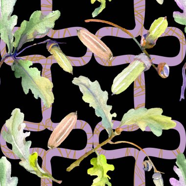 Orman meşe palamudu yeşil yaprak ve fındık. Suluboya arka plan illüstrasyon seti. Kesintisiz arka plan deseni.