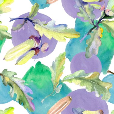 Orman meşe palamudu yeşil yaprak ve fındık. Suluboya arka plan illüstrasyon seti. Kesintisiz arka plan deseni.